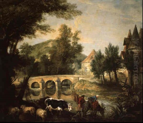 Paysage Au Pont De Pierre Et Au Moulin Oil Painting by Jean-Baptiste Oudry