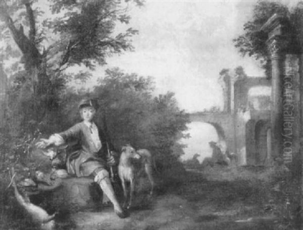 A Sportsman  Seated In A Landscape With His Game Bag And Dog, Classical Ruins Beyond Oil Painting by Jean-Baptiste Oudry