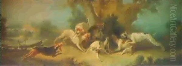 Hounds Attacking A Wolf In A River Landscape Oil Painting by Jean-Baptiste Oudry