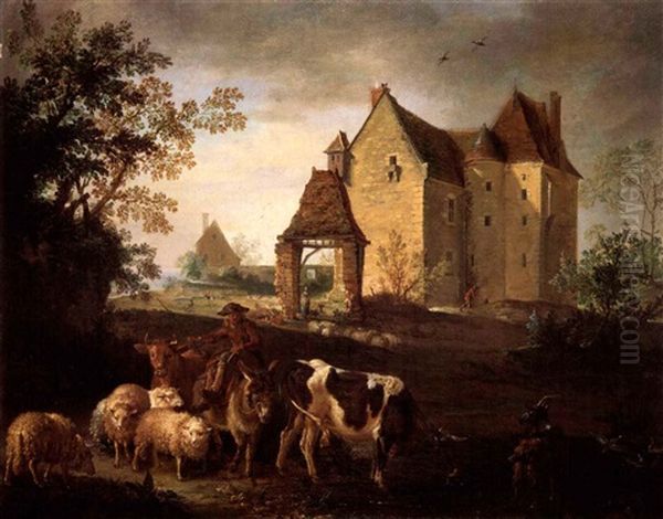 Pastoral Landscape With A Shepherd With Animals And A       Castle Beyond Oil Painting by Jean-Baptiste Oudry