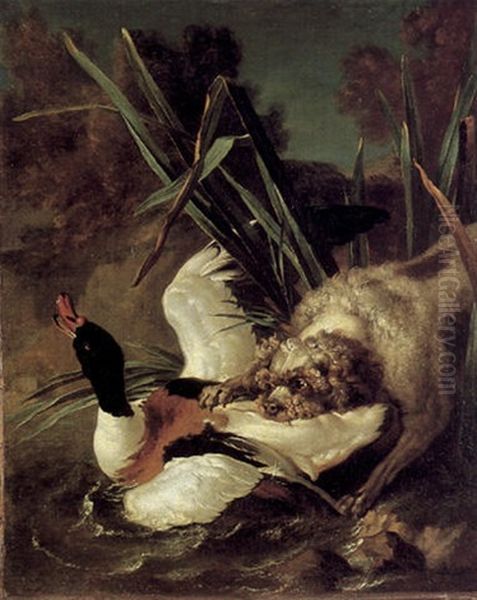 A Poodle Seizing A Shelduck Oil Painting by Jean-Baptiste Oudry