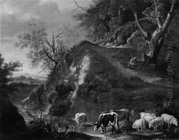 A Pastoral Scene Beside A Mountain Stream Oil Painting by Jean-Baptiste Oudry