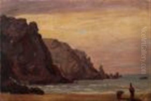 Figures On A Shore On The Island Of Jersey Oil Painting by Philip John Ouless