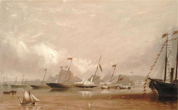 The Royal Yacht Victoria And Albert Disembarking Its Royal Visitors Outside St. Helier Harbour Oil Painting by Philip John Ouless