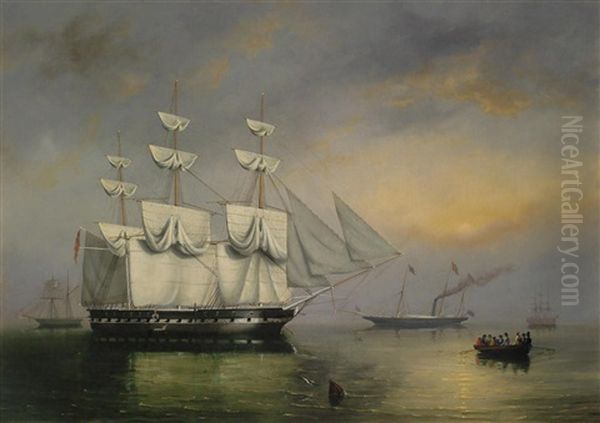 The Royal Yacht Fairy With Queen Victoria On Board, Making Her Way Through Ships Of The Fleet Oil Painting by Philip John Ouless