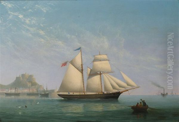 The Jersey Trading Schooner Sea Bird Heading Out From Gorey Harbour, Jersey, With Mont Orgueil Castle Beyond Oil Painting by Philip John Ouless