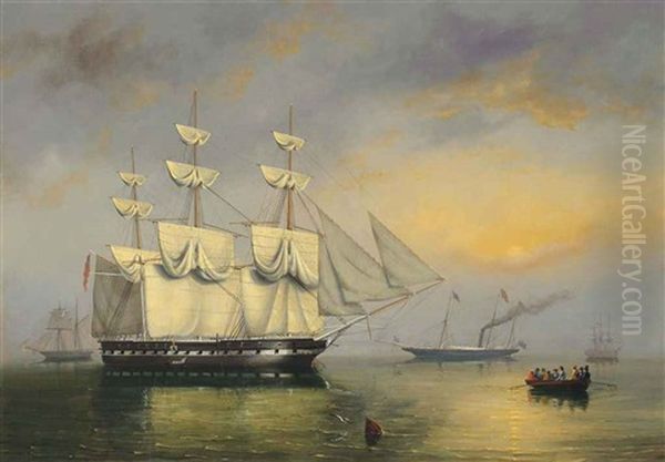 The Royal Yacht Fairy, With Queen Victoria On Board, Threading Her Way Through Ships Of The Fleet Anchored At Spithead Oil Painting by Philip John Ouless