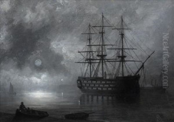 A Three-decker At Anchor, Paddle Steamer Beyond Oil Painting by Philip John Ouless