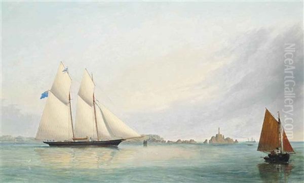 A Royal Thames Yacht Club Schooner Off La Corbiere Lighthouse, Jersey, Channel Islands Oil Painting by Philip John Ouless