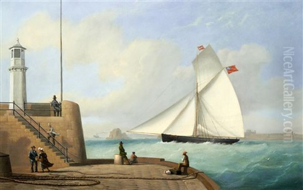 The Cutter Eclipse Passing The Old Lighthouse As She Enters St. Helier Harbour, Jersey Oil Painting by Philip John Ouless