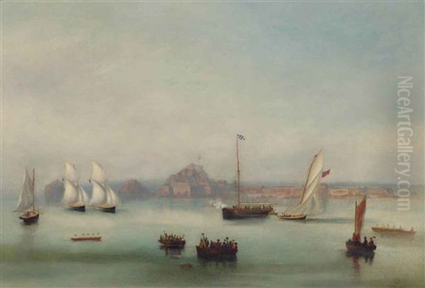 Bonita Crossing The Line, Ahead Of Luline And L'hirondelle After A Close-run Three-hour Race, On 21th August 1862, Off St Helier Oil Painting by Philip John Ouless