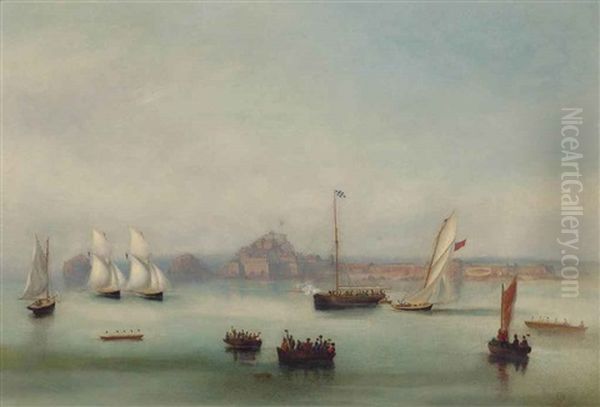 Big Cutters Racing Before Elizabeth Castle In St. Helier Harbour, With The Committee Boat Firing A Gun To Signify That One Has Just Crossed... Oil Painting by Philip John Ouless