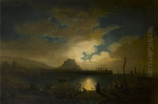 Moonrise Over Gorey Harbour, Jersey, With Mount Orgueil And Its Castle Rising Beyond Oil Painting by Philip John Ouless