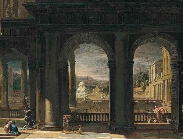 Architectural Capriccio With Figures Near A Balcony Overlooking Oil Painting by Thomas Blanchet