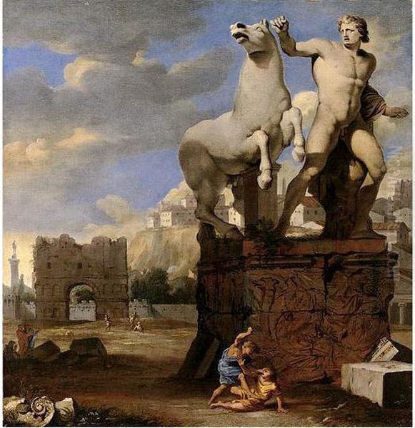 A Capriccio Of The Forum Romanum, With The Sculpture Groups Of Alexander And Bucephalus, And Cain And Abel Oil Painting by Thomas Blanchet