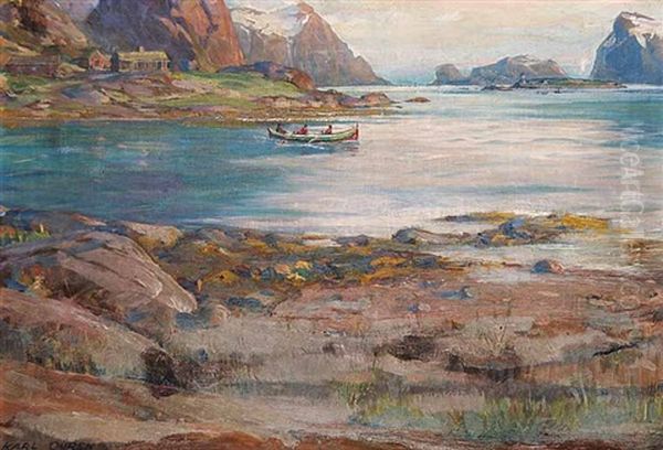 Untitled - Boats In The Fjord Oil Painting by Karl Ouren