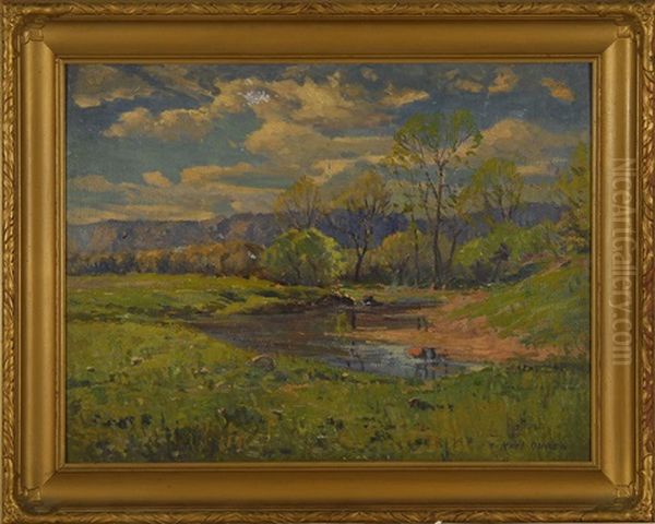 Landscape With Stream And Mountains In The Distance Oil Painting by Karl Ouren