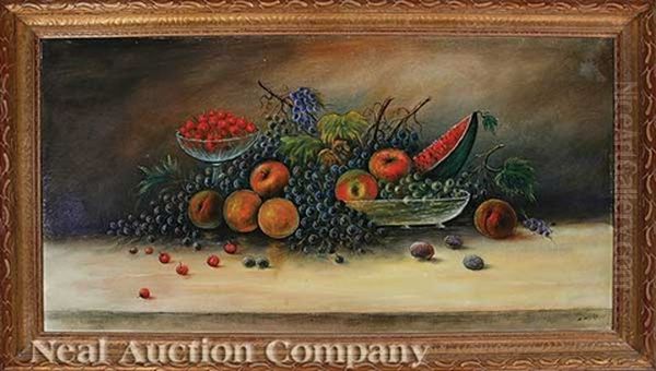 Still Life Of Grapes, Peaches, Apples, Plums, Watermelons And Cherries Oil Painting by Will Ousley