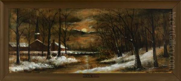 Moonlit View Of A Church In A Winter Landscape Oil Painting by Will Ousley