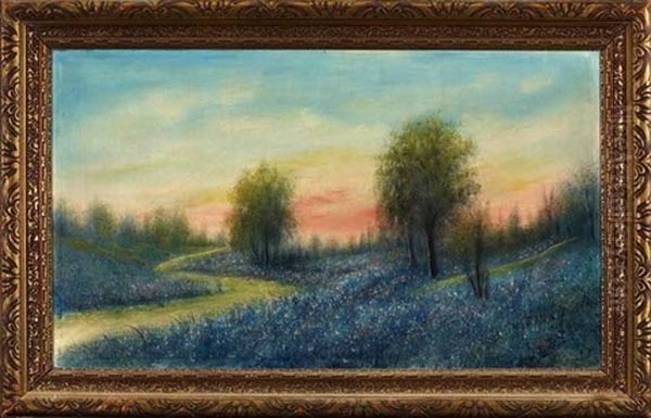 Creek Winding Through A Meadow Of Bluebonnets Oil Painting by Will Ousley