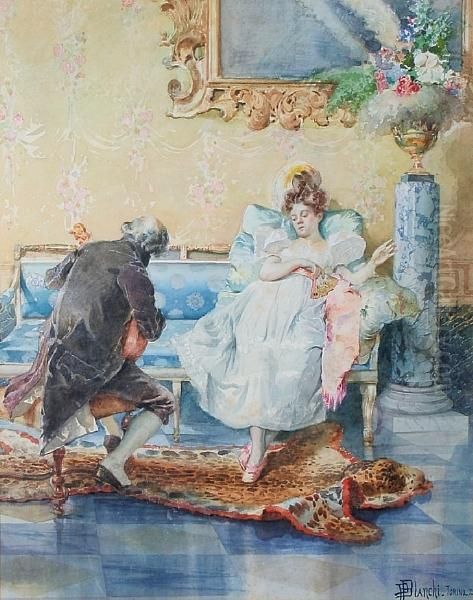 Elegant Lady And A Musician In Aninterior Oil Painting by Pio Blanchi