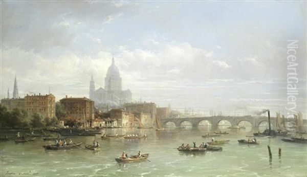 View Of Blackfriars Bridge With St Pauls In The Distance Oil Painting by Pierre Justin Ouvrie