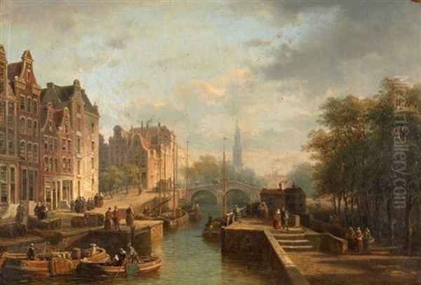 Canal A Amsterdam Oil Painting by Pierre Justin Ouvrie