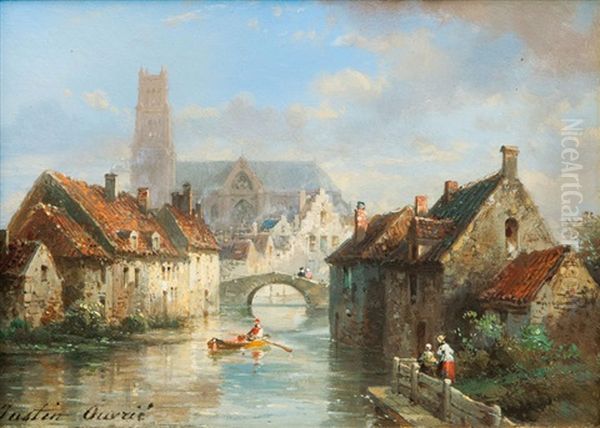 Canal In Bruges Oil Painting by Pierre Justin Ouvrie