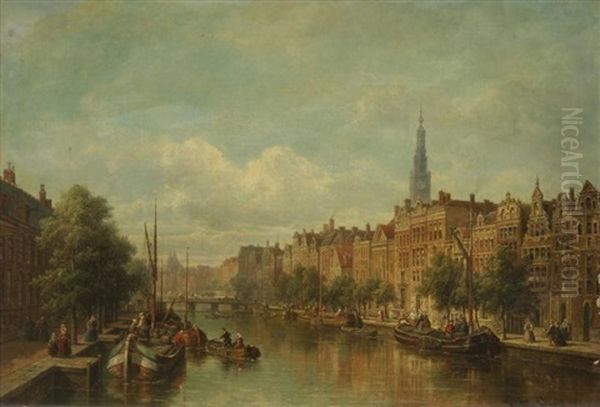 Le Canal Du Musee A Amsterdam Oil Painting by Pierre Justin Ouvrie