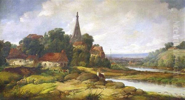 Kleine Ortschaft An Einem Fluss Gelegen, Im Vordergrund Weidende Kuhe Oil Painting by Pierre Justin Ouvrie