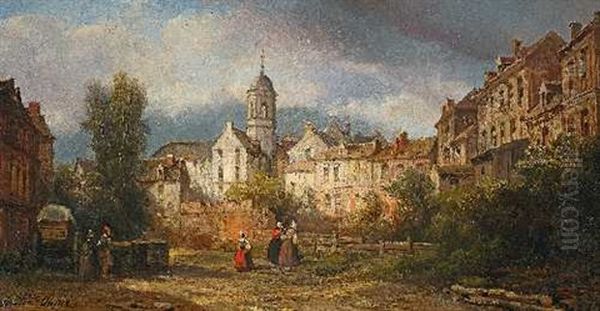 Ansicht Einer Franzosischen Stadt Mit Figurenstaffage Oil Painting by Pierre Justin Ouvrie