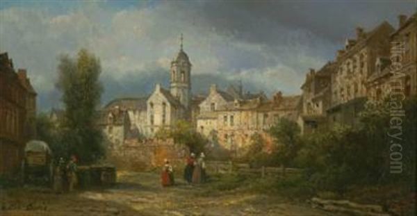 Blick Aus Einem Hinterhof Auf Eine Franzosische Stadt Oil Painting by Pierre Justin Ouvrie