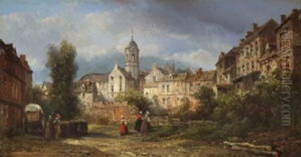 Ansicht Einer Franzosischen Stadt Mit Figurenstaffage Oil Painting by Pierre Justin Ouvrie