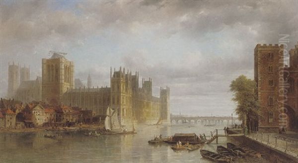 Houses Of Parliament From The Thames With Figures Boarding A Ferry In The Foreground Oil Painting by Pierre Justin Ouvrie