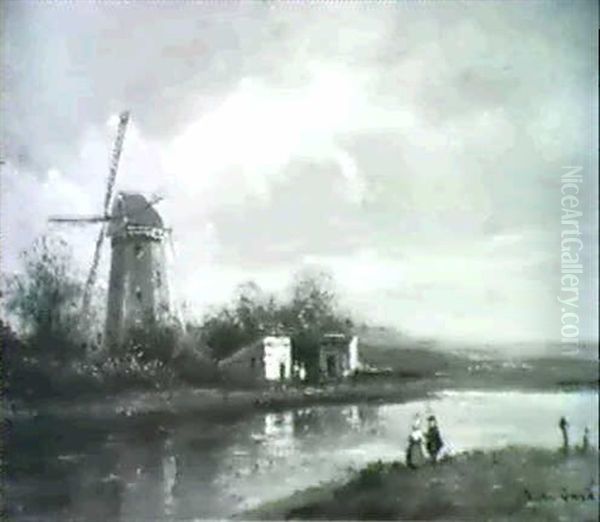 Paysage Hollandais Au Moulin Oil Painting by Pierre Justin Ouvrie