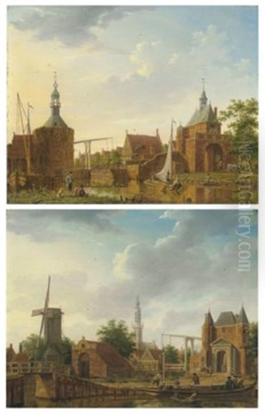 The Keetpoort En Oost And Kaaipoort, Edam; And Purmer And Monnikendammerpoort, Edam With The Kwakelbrug With The Spire Of The Onze-lieve-vrouwe-kerk Beyond Oil Painting by Isaac Ouwater