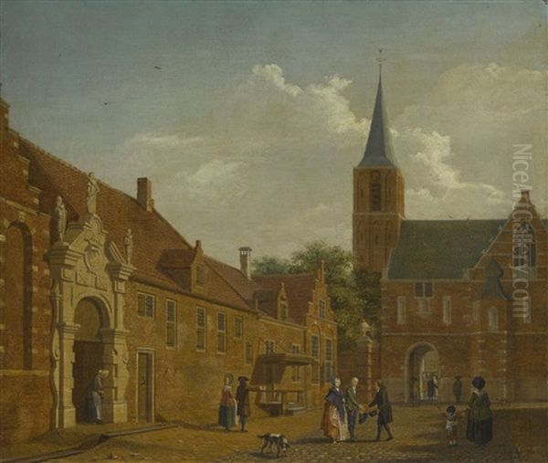 A Townscape With Figures Outside A Civic Guard House Oil Painting by Isaac Ouwater