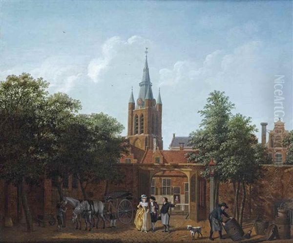 A View Of Delft With An Elegant Couple In A Courtyard, The Tower Of The Oude Kerk Beyond Oil Painting by Isaac Ouwater