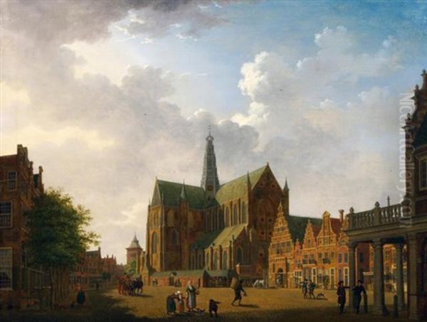 St. Bavo's Cathedral And The Groote Markt In Haarlem Oil Painting by Isaac Ouwater