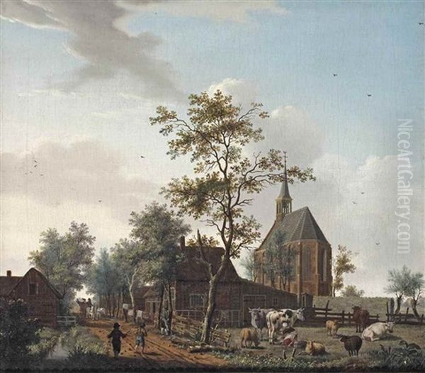 A View Of The Village Of Grosthuizen Near Avenhorn, South-west Of The Town Of Hoorn, With A Maid Milking A Cow In A Meadow, Boys Playing On The Road And A Horse And Carriage In The Near Distance Oil Painting by Isaac Ouwater