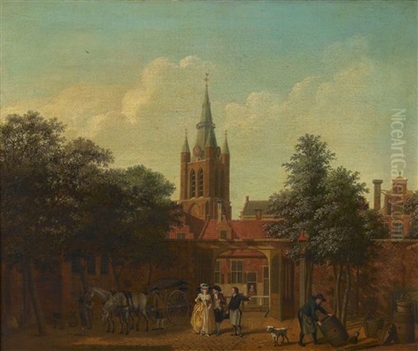 A Courtyard In Delft With The Oude Kerk Beyond Oil Painting by Isaac Ouwater