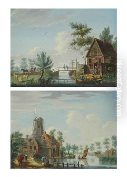 A River Landscape With Anglers On The Shore And A Windmill (+ A River Landscape With Anglers In A Boat And Figures On A Bridge; Pair) Oil Painting by Isaac Ouwater