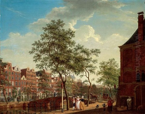 Amsterdam, A View On The Keizersgracht From The Westermarkt, With The Westerhal On The Right, Elegant Figures Conversing In The Foreground, A Horse-drawn Carriage Crossing A Bridge Oil Painting by Isaac Ouwater