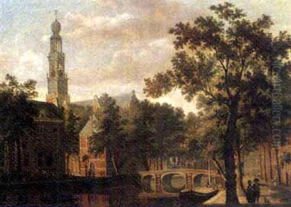 A View Of The Westerkerk, Towards The Westermarkt, From Rozengracht, Amsterdam Oil Painting by Isaac Ouwater