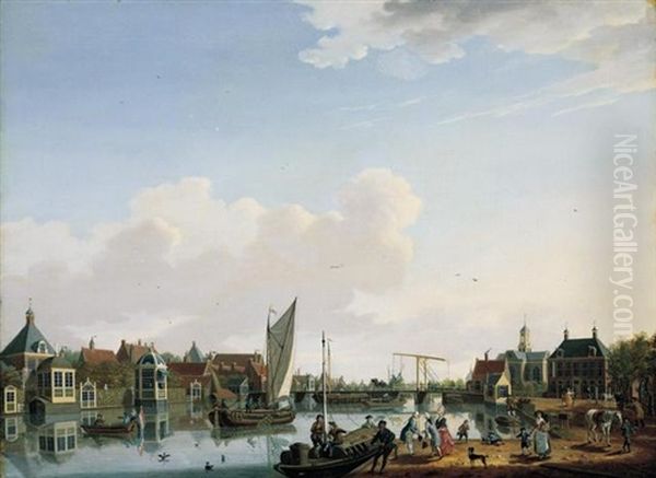 Ouderkerk, Near Amsterdam, A View From The West Bank Of The River Amstel Looking Upstream Towards The Village Oil Painting by Isaac Ouwater