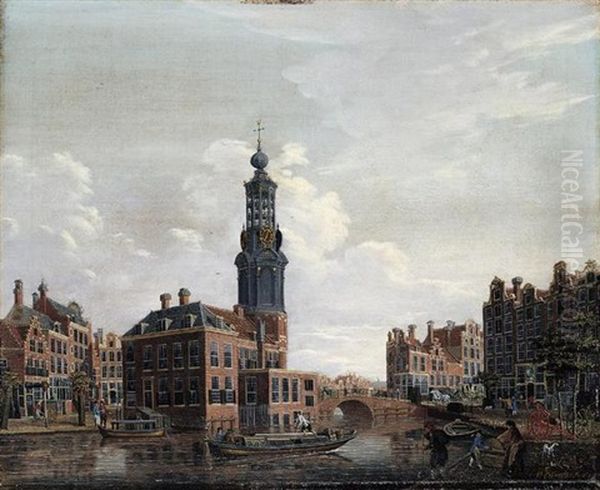 Amsterdam, A View Of The Singel With The Munttoren Oil Painting by Isaac Ouwater