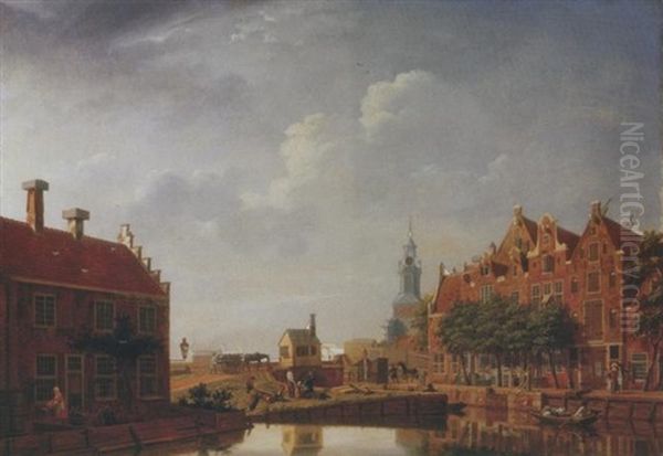 The Brouwersgracht And The Lijnbaansgracht, Amsterdam, With The Rope Maker 't Fortuin And The Bullebak Sluice, The Haarlemmerpoort In The Distance Oil Painting by Isaac Ouwater