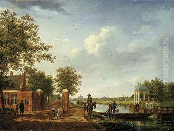 A View Of Amsterdam From The 't Spaarne Canal In Slooterdijk With Travellers On A Towpath By The Tollgate And A Couple On A Ferry Oil Painting by Isaac Ouwater