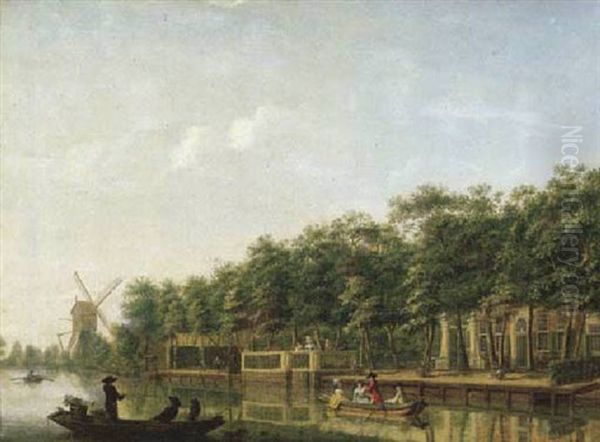 The River Vecht With Gentry In A Rowing Boat, A Country-house Nearby, A Windmill Beyond Oil Painting by Isaac Ouwater