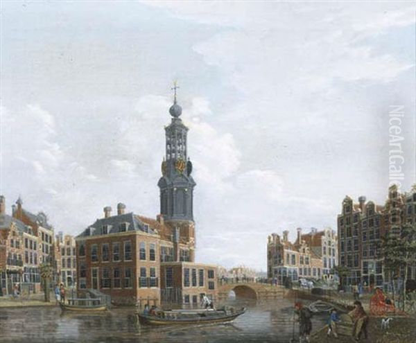 The Singel, Amsterdam, With The Munttoren Oil Painting by Isaac Ouwater